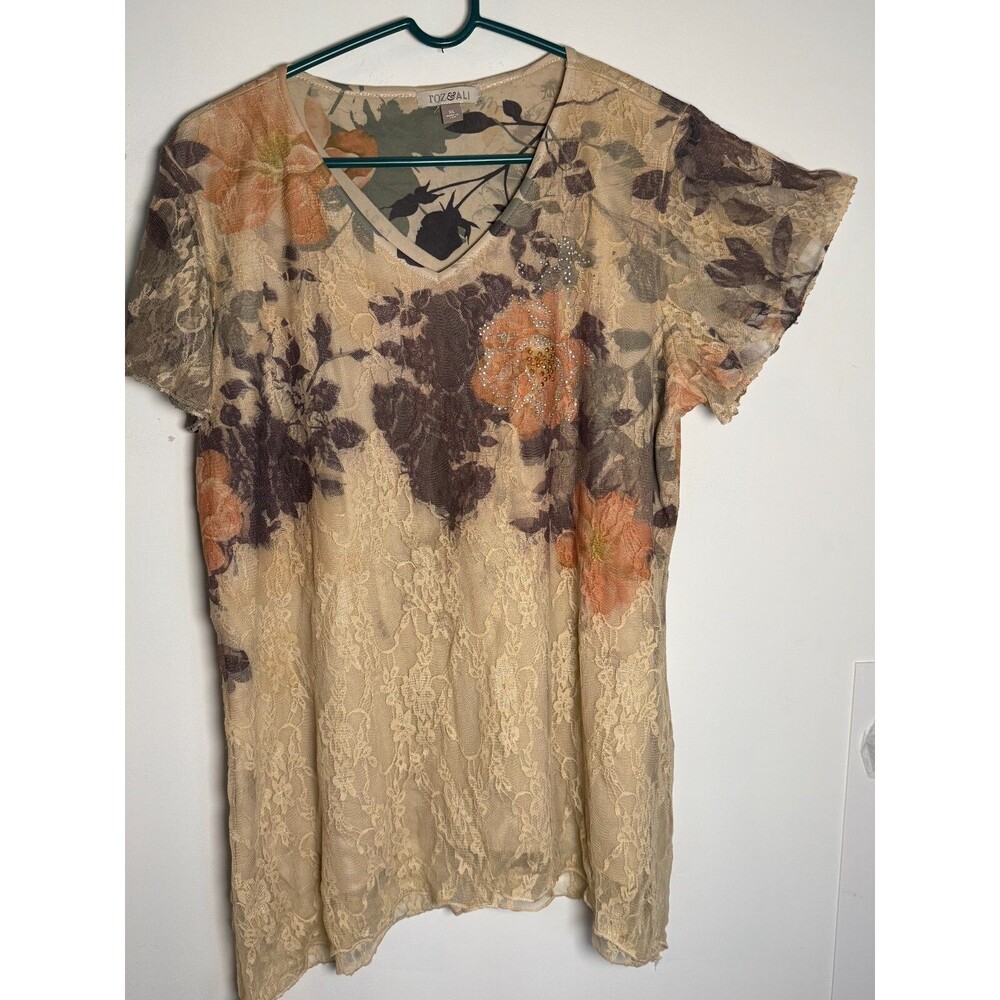 Beige XL Floral Feminine Lace Overlay Embellished Short Sleeve Top Fairy Coquett